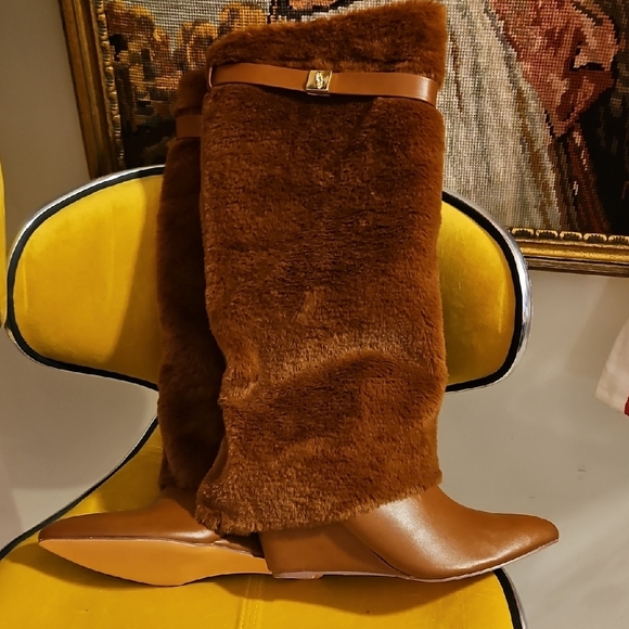 Brown Faux Fur Heeled Boots - Picture 4 of 4